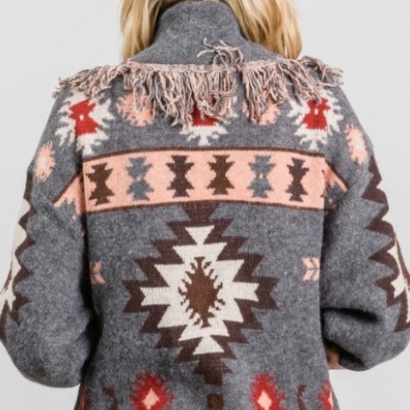 Tribal print Open front cardigan long sleeve fringe detail heavyweight - Picture 7 of 7